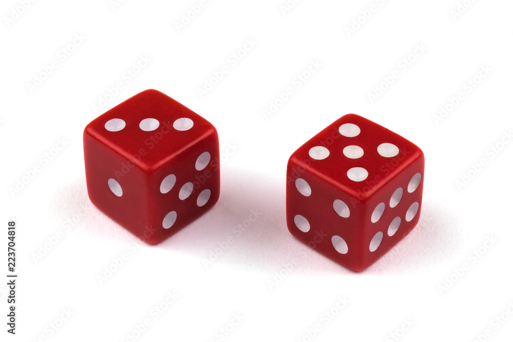 Two red dice closeup, isolated on white background, three and five Two red dice closeup, isolated on white background, three and five