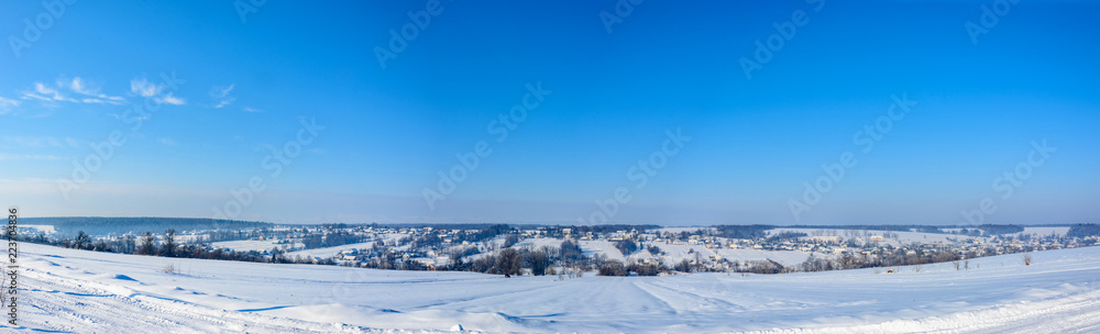 Amazing panorama of the Ukrainian village in western Ukraine in winter