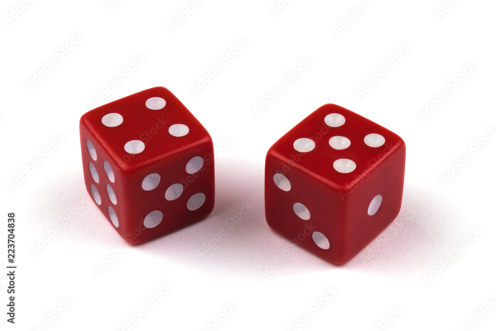 Two red dice closeup, isolated on white background, four and five Two red dice closeup, isolated on white background, four and five
