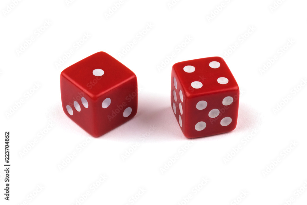 Two red dice closeup, isolated on white background, one and four Two red dice closeup, isolated on white background, one and four