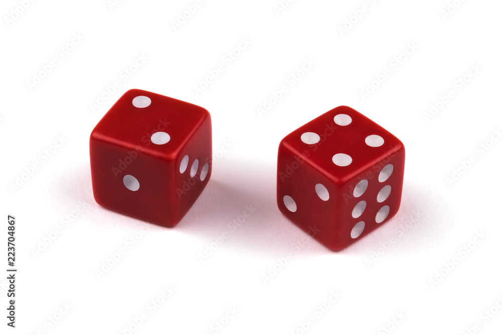 Two red dice closeup, isolated on white background, two and four Two red dice closeup, isolated on white background, two and four