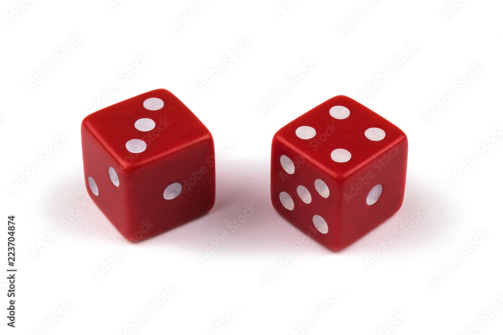Two red dice closeup, isolated on white background, three and four Two red dice closeup, isolated on white background, three and four