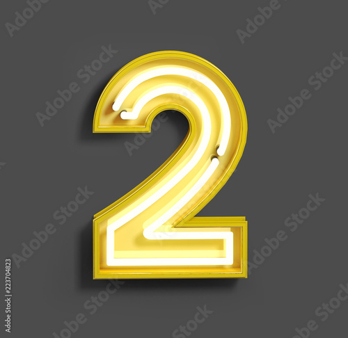 Bright Neon Font with fluorescent yellow tubes. Number 2 . Night Show Alphabet. 3d Rendering Isolated on Gray Background