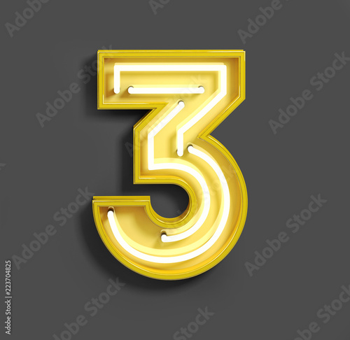 Bright Neon Font with fluorescent yellow tubes. Number 3 . Night Show Alphabet. 3d Rendering Isolated on Gray Background
