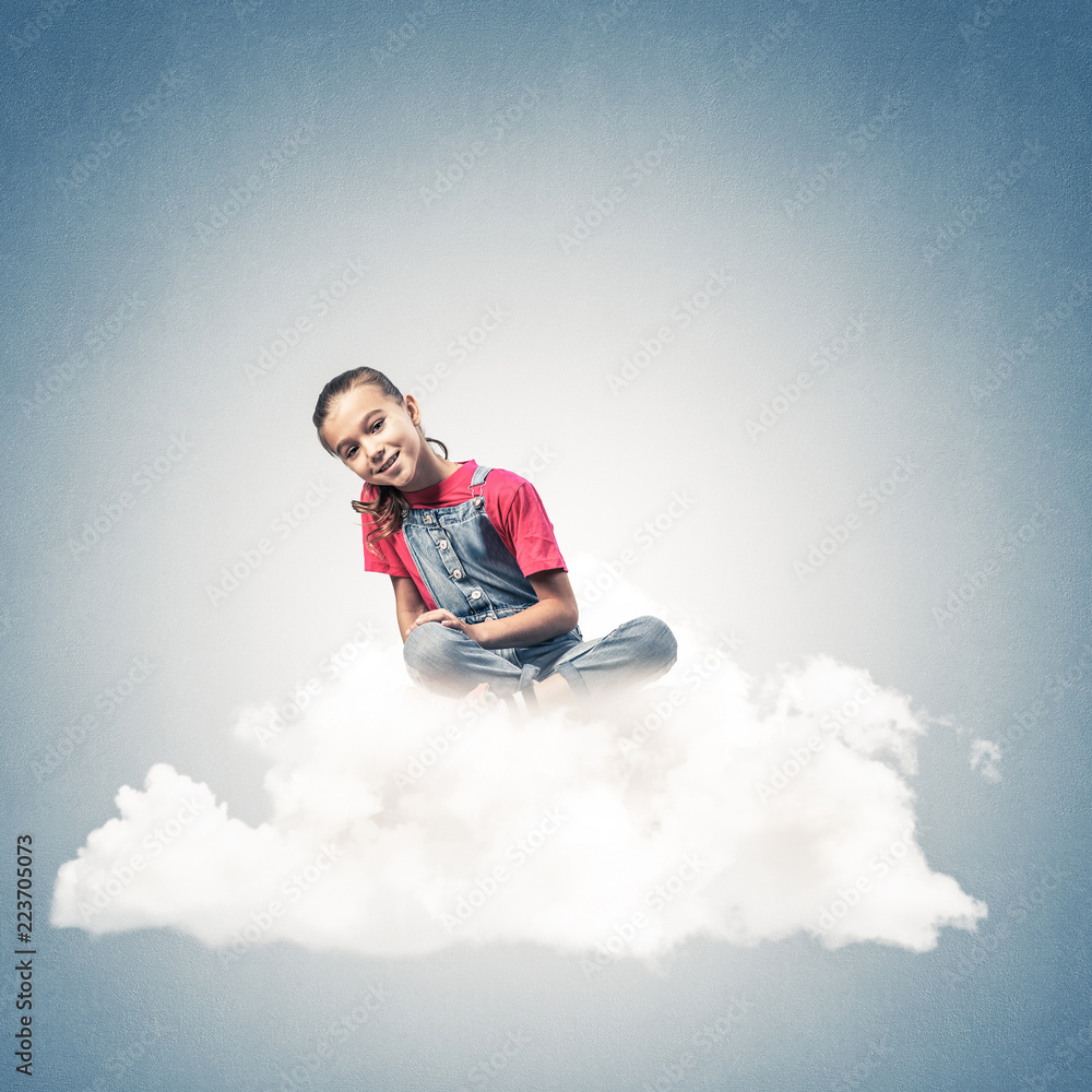 Concept of careless happy childhood with girl dreaming about som Concept of careless happy childhood with girl dreaming about som