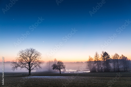 sunset landscape with tree and lake in Upper Austria in winter