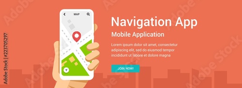 Vector flat banner for navigation application. Phone in hand illustration for mobile or web design