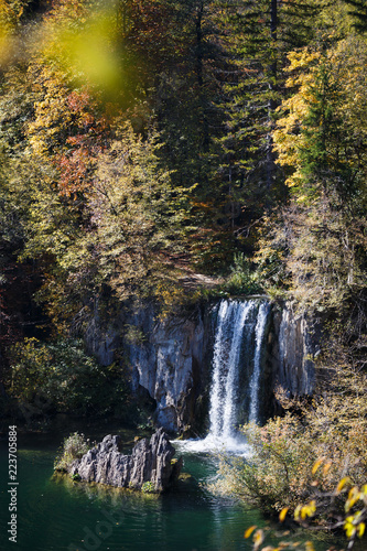 Dreamlike Waterfall in an Autumn Forest Plitvice Lakes National Park Croatia