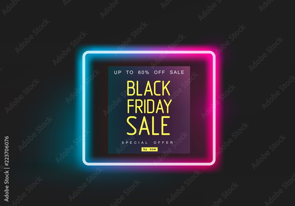 Black Friday, Big Sale, Neon light, signboard with discounts from gas tubes of blue and pink glow, creative template.