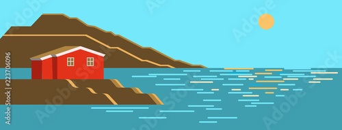 Summer sea day, sun noon colorful landscape with brown stone cliff, little red house and sun with reflect in the water. Vector seaside, flat infographic illustration.