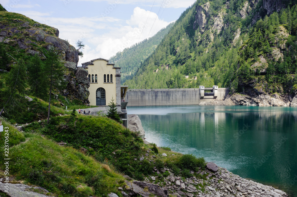 Dam on Campliccioli Lake in Valle Antrona, Piedmont, Italy