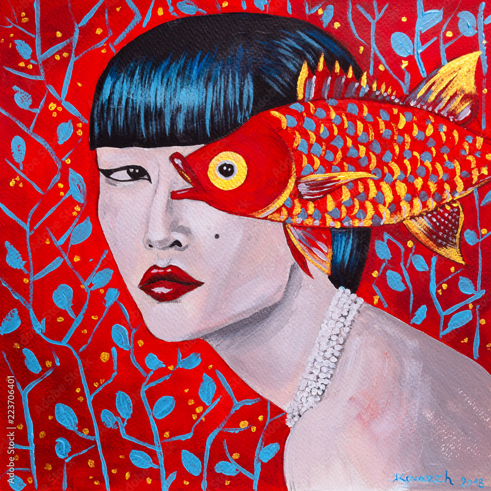 Fototapeta dipinto rosso bella donna con pesce