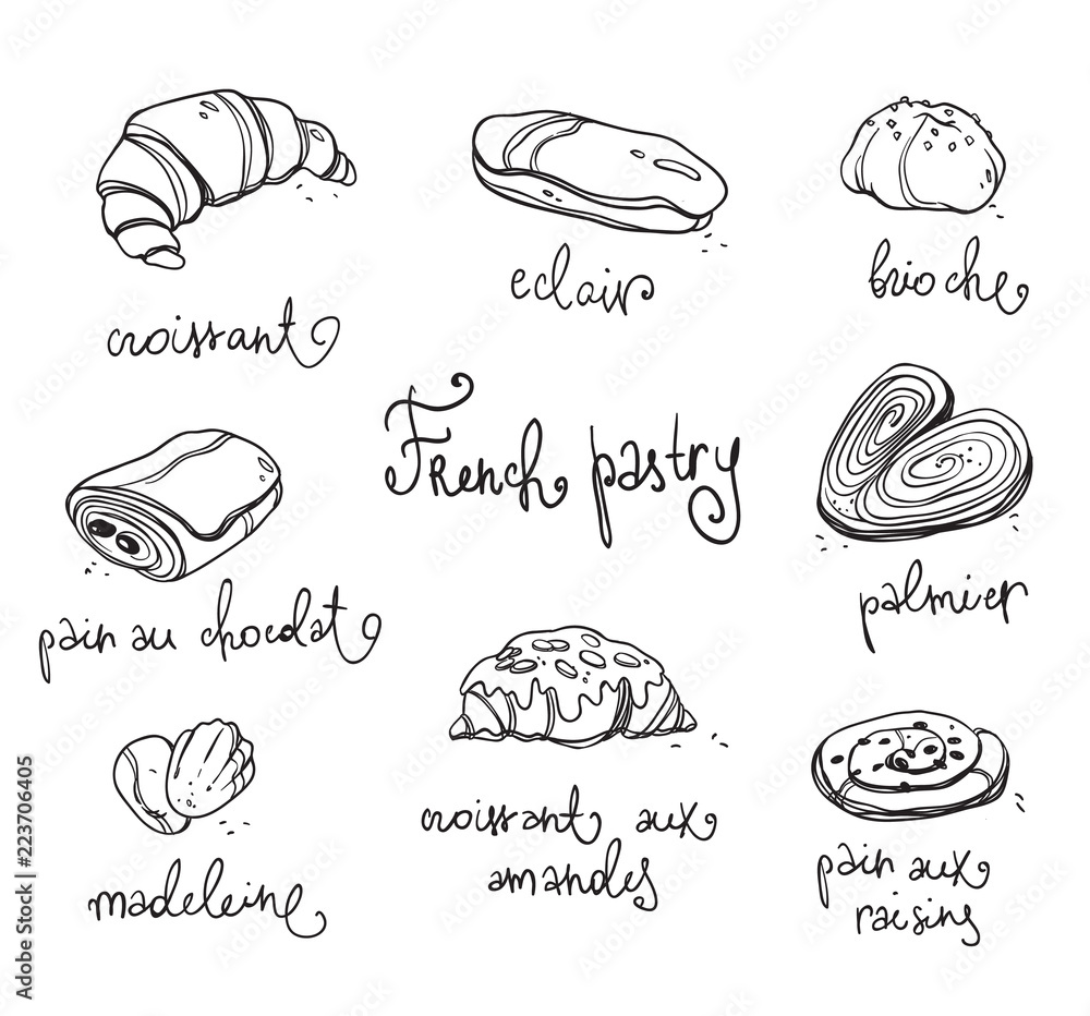 French pastry. Traditional baked desserts.  Black and white vector drawing