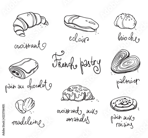 French pastry. Traditional baked desserts.  Black and white vector drawing