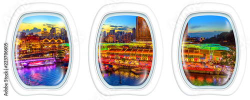 Photography Three porthole frame windows on Scenic aerial view of Clarke Quay and Riverside area at blue hour in Singapore, Southeast Asia