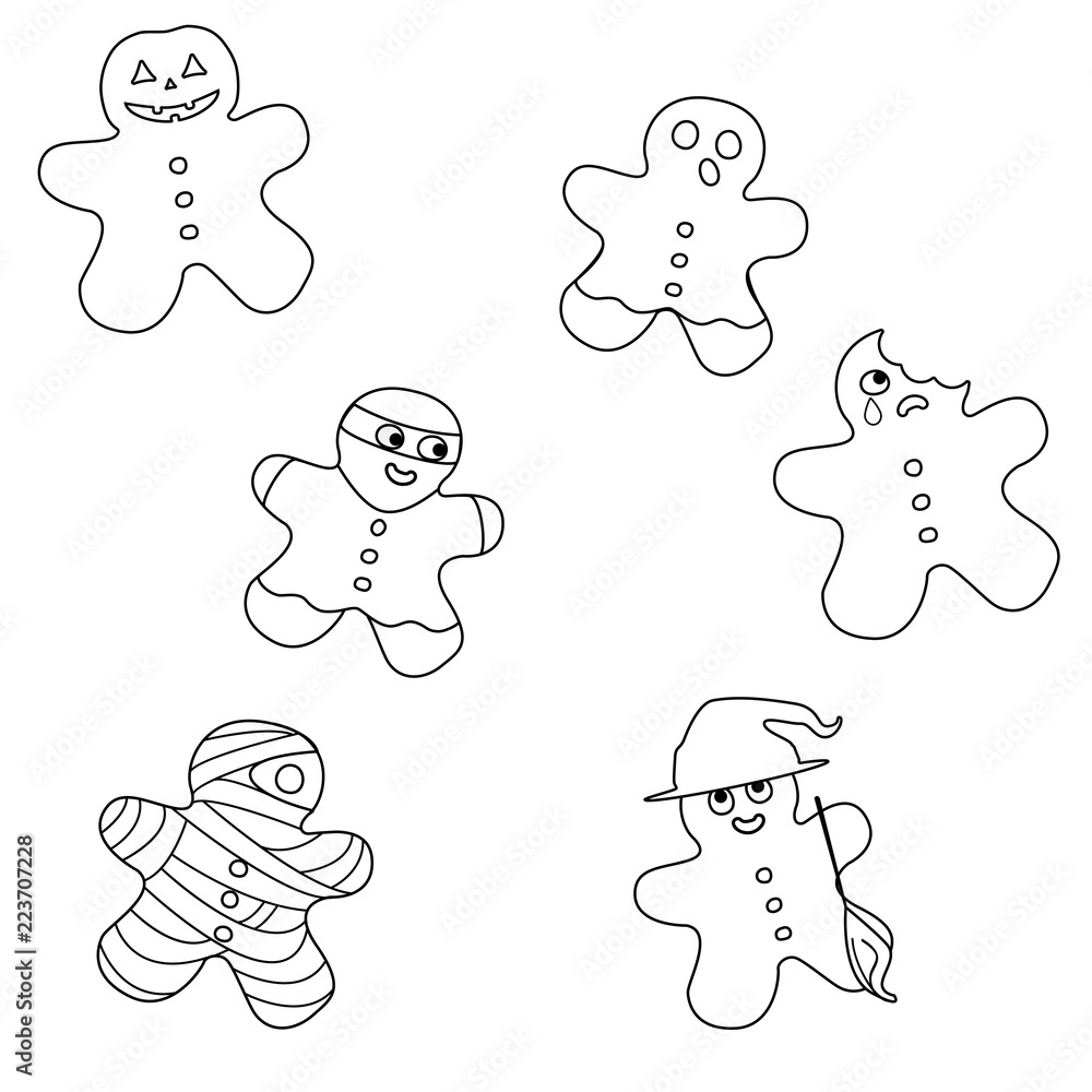  Vector Halloween lines pattern illustration of 6 cartoon cookies in party costume of pumpkin, ghost, witch with a hat and broom, mummy, bitten gingerbread man Description158/200 Holidays
