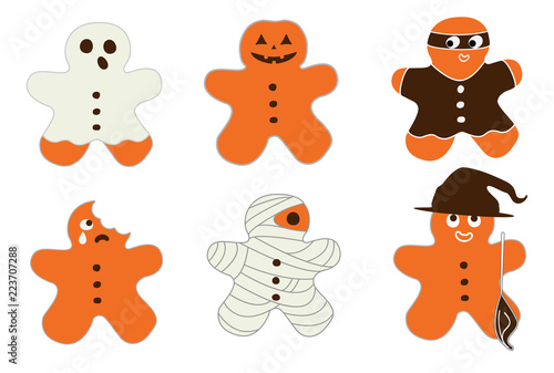 Vector Halloween illustration 6 cartoon cookies in party costume of pumpkin, ghost, witch with a hat and broom, mummy, bitten and crying gingerbread man