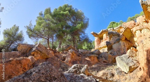 A protruding red rock with trees and a deep blue sky in the canyon style hills of Anento, a small town in Aragon, Spain photo