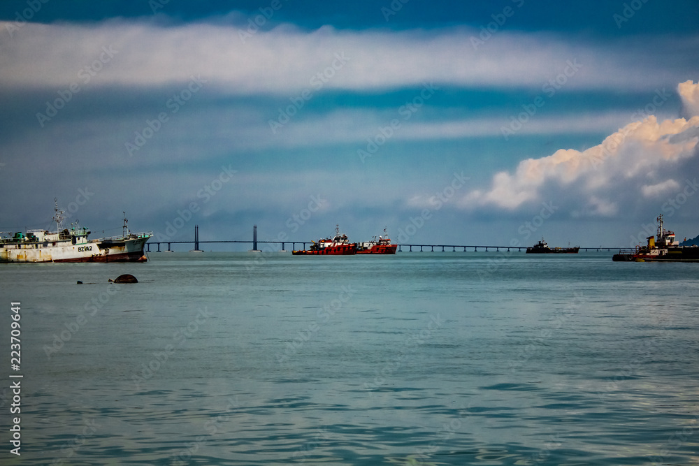 The view of the harbour and shipping lanes of Georgetown, Penang Malaysi
