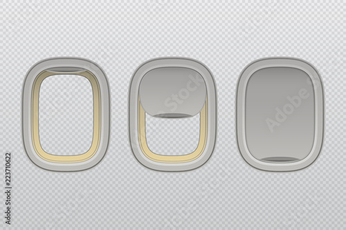 Set of airplane windows with open and closed shade, vector illustration