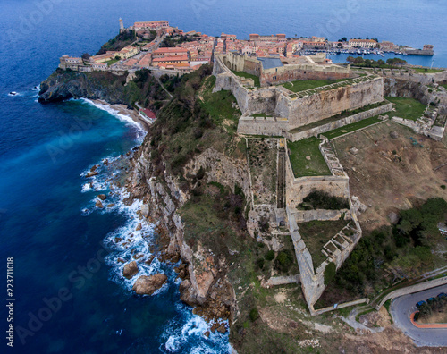 Aerial view of the ancient fortress in Portoferraio on Elba island, Italy. Stone Forte Falcone