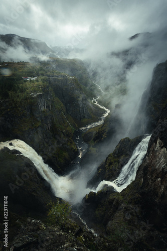 The Voringfossen waterfall on a cloudy and misty morning. Vøringsfossen long exposure
