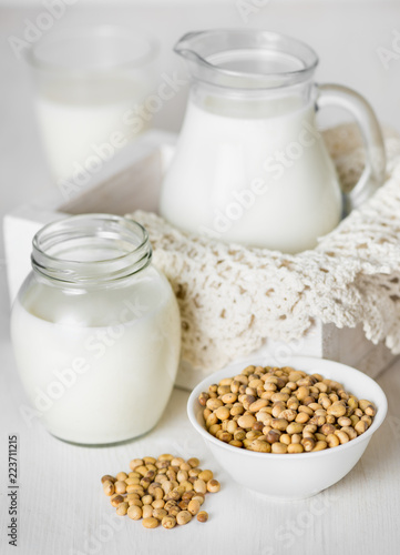 Soy milk in a glass and jar