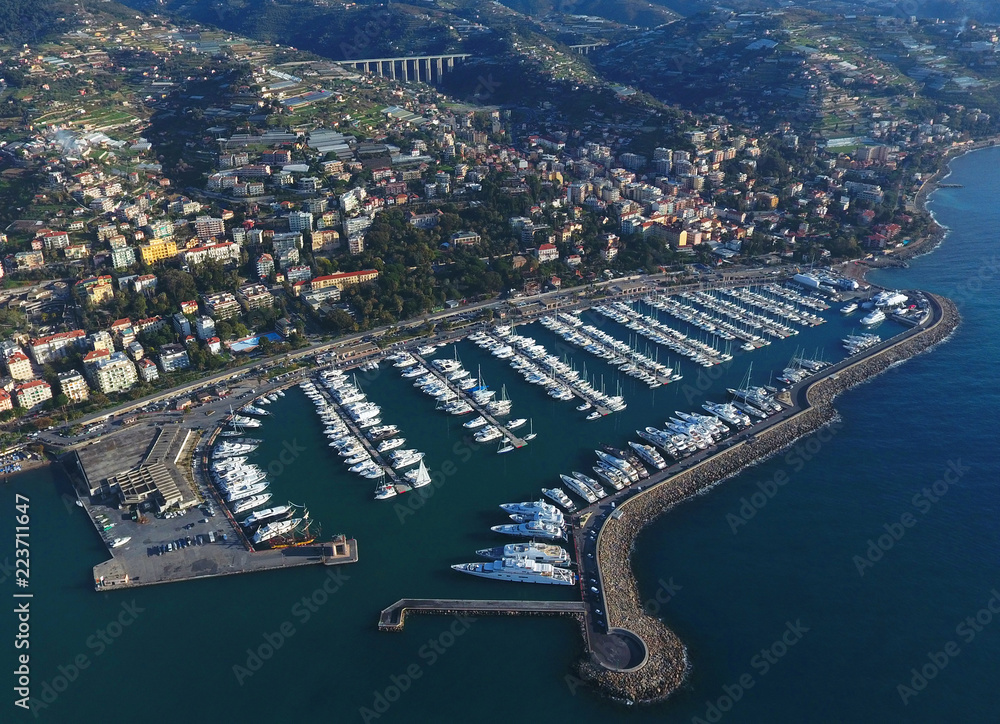 Panorama of the coastal part of San Remo. Aerial view of the yacht parking