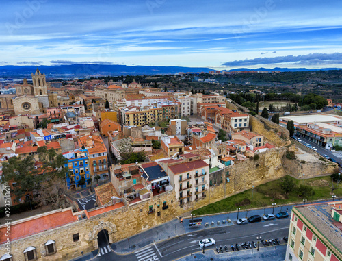 Air view of the gate in the stone wall of the medieval city Tarragona Spain
