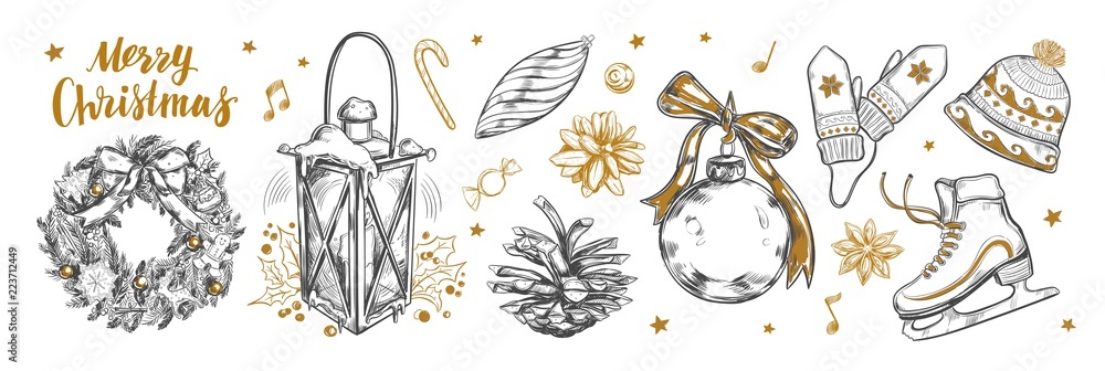 Merry Christmas and Happy New Year set. Vector hand drawn