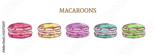 Vector colorful sketch macaroon almond cakes illustration