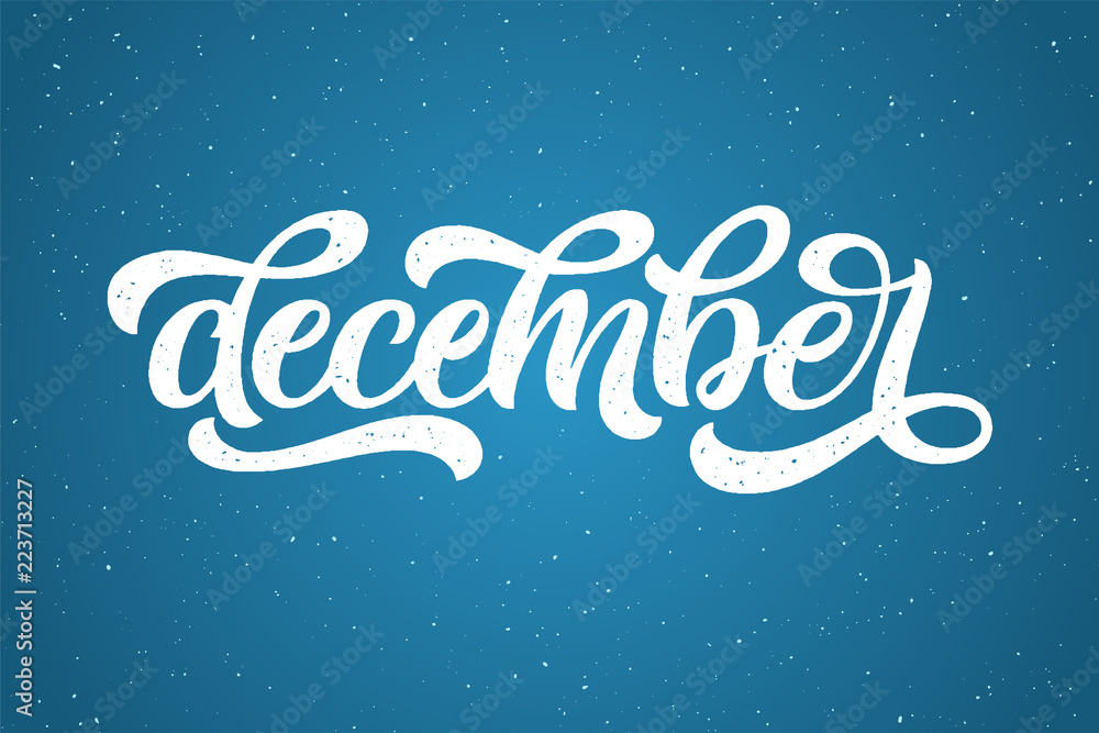 Hand drawn typography lettering phrase December isolated on the blue background. Fun brush ink calligraphy inscription for winter greeting invitation card or print design. Vector illustration. Hand drawn typography lettering phrase December isolated on the blue background. Fun brush ink calligraphy inscription for winter greeting invitation card or print design. Vector illustration.