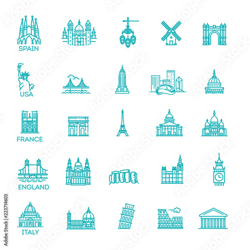 Simple linear Vector icon set representing global tourist landmarks and travel destinations for vacations