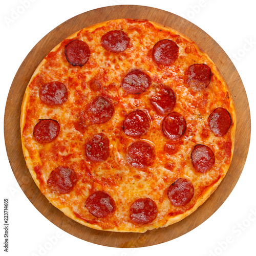 pizza on a wooden tray on a white background