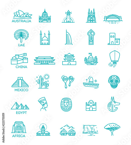 Simple linear Vector icon set representing global tourist landmarks and travel destinations for vacations
