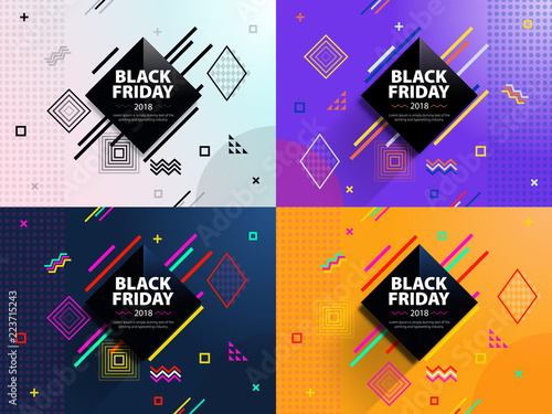 Black friday 2018. Sale and discounts fashion banners. A set of banners templates in flat trendy memphis geometric style. Abstract rhomb geometric design and background.  Fashionable vector image