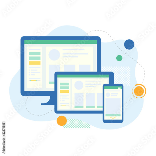 Computer, tablet and phone. Interface for different devices. Web site and application development. Illustration in flat style