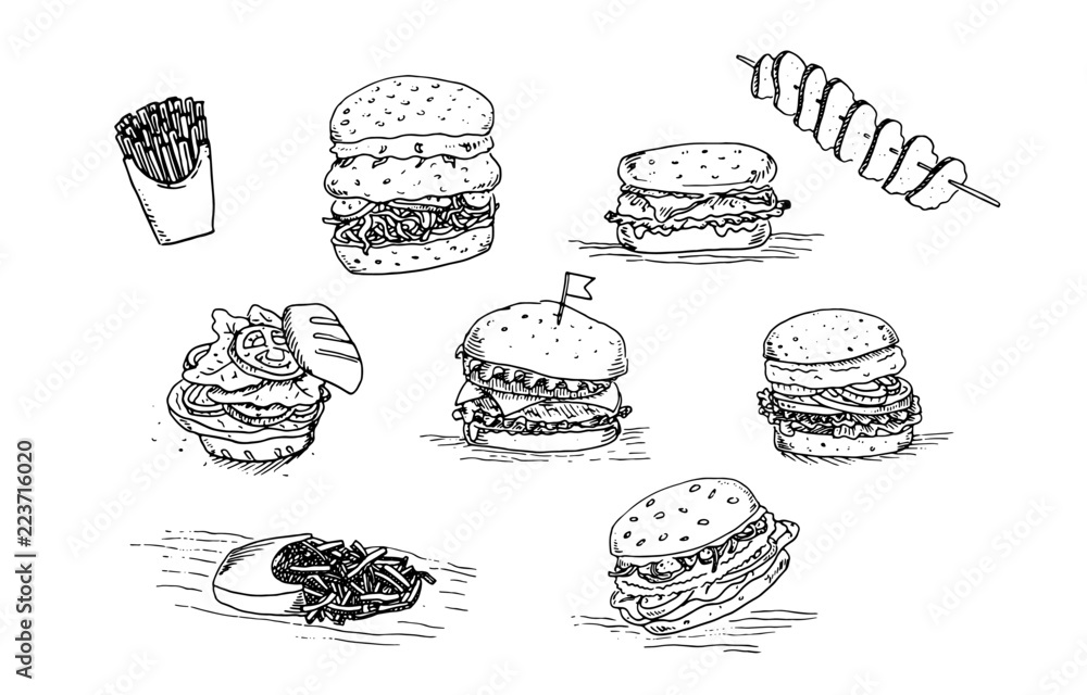Hand drawn set of hamburgers Hand drawn set of hamburgers