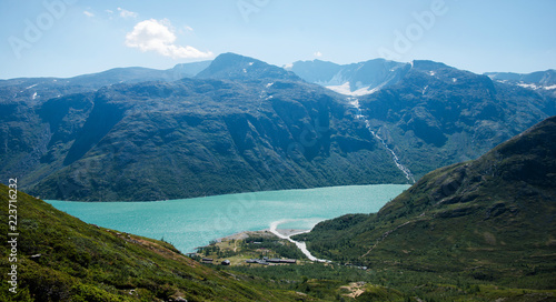 beautiful aerial view of Besseggen ridge over Gjende lake in Jotunheimen National Park, Norway