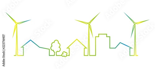 town and wind power plant, multicolored icon,silhouette	