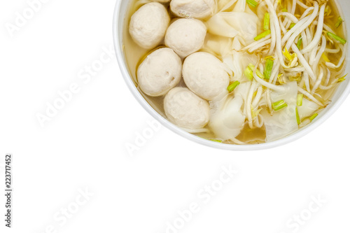 Thai noodle and meatball in the bamboo bowl isolate on the white background