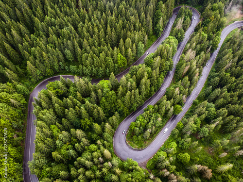 Aerial view of a forest. Road in a forest aerial view. Aerial view of a forest. Romanian landscape.