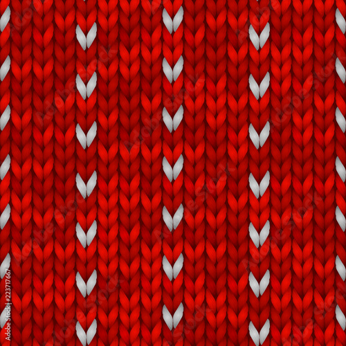 Winter Holiday Seamless Knitting Pattern with a Snowflakes. Red knitted sweater design. Vector illustration for backgrounds and wallpapers.