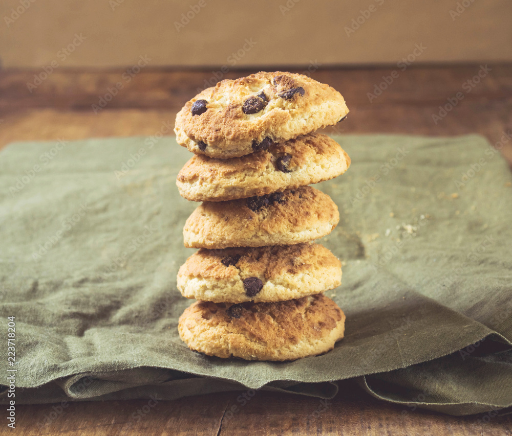 Chocolate chip cookies tower on the napkin