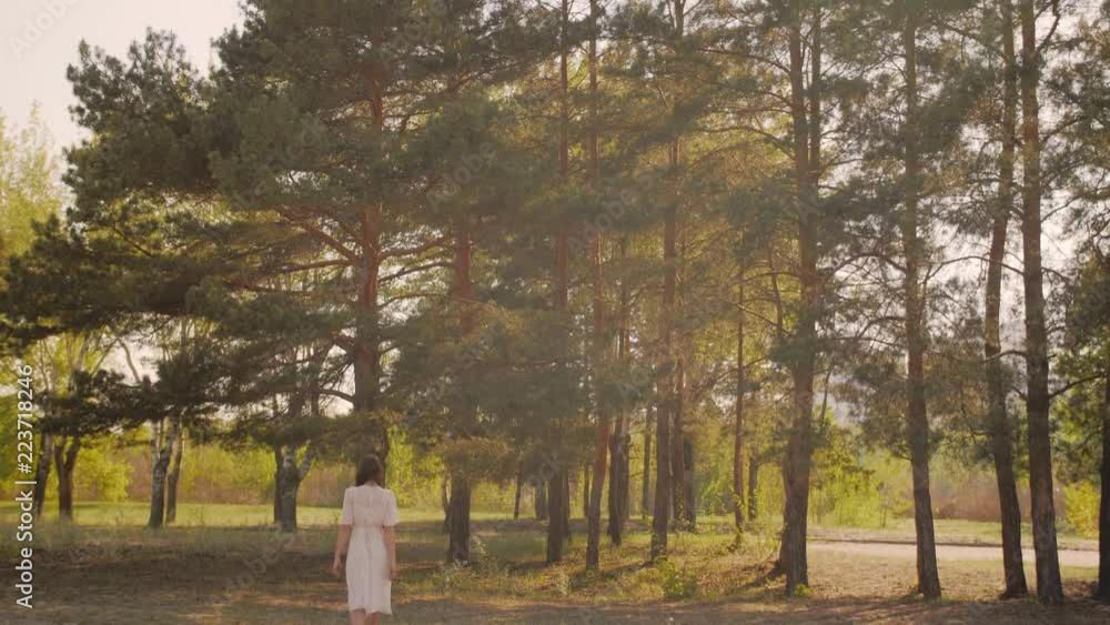 Free happy woman in forest enjoying nature. Natural beauty girl outdoor in freedom enjoyment concept. Mixed race Caucasian Asian girl posing on travel vacation holidays in dress. Slow motion 4k Free happy woman in forest enjoying nature. Natural beauty girl outdoor in freedom enjoyment concept. Mixed race Caucasian Asian girl posing on travel vacation holidays in dress. Slow motion 4k