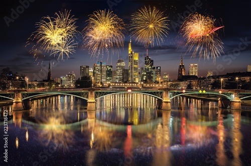High resolution aerial panoramic view of Frankfurt, Germany with fireworks in the sky