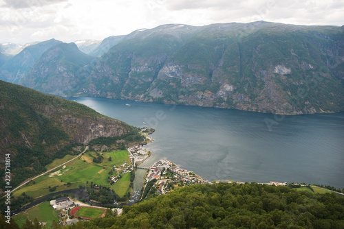 aerial view of city near Aurlandsfjord from Stegastein viewpoint, Aurland, Norway