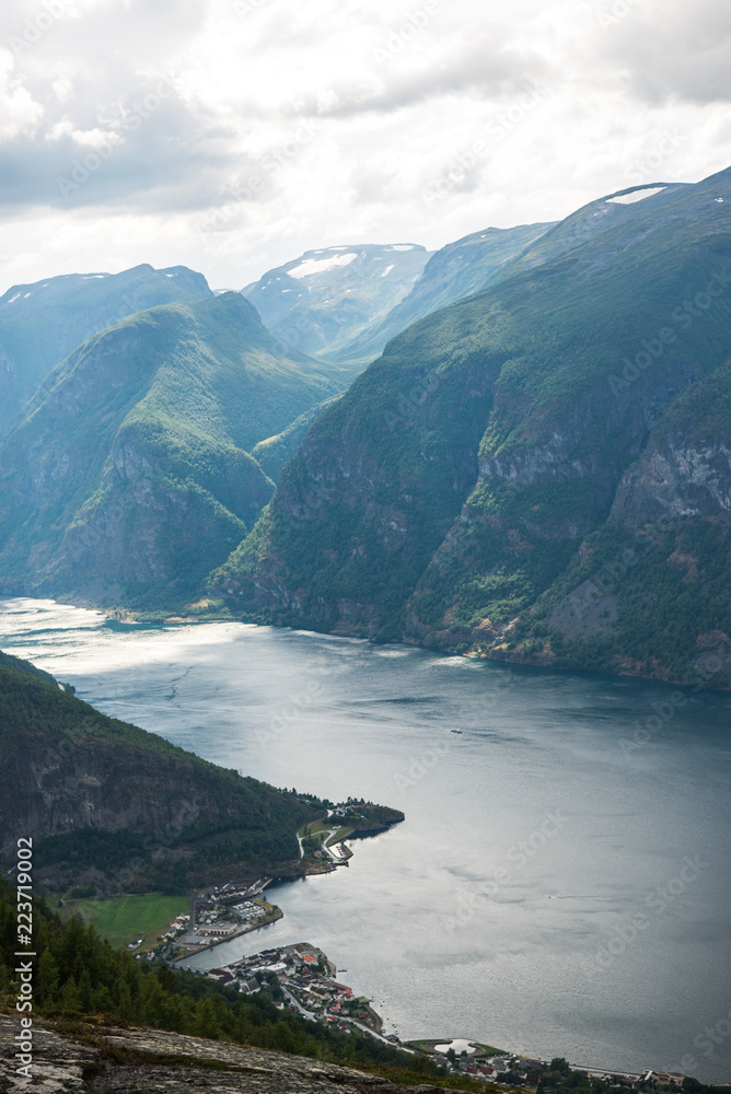 scenic landscape with sea and Aurlandsfjord from Stegastein viewpoint, Aurland, Norway scenic landscape with sea and Aurlandsfjord from Stegastein viewpoint, Aurland, Norway