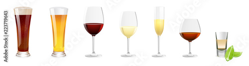 Alcoholic beverages vector set isolated on white background. Illustration with glass of beer, glass red and white wine, champagne for celebration design gift card