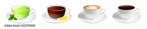 Drinks in cups vector set isolated on white background. Illustration with cup of cappuccino, coffee americano, latte, hot green and black for your design menu